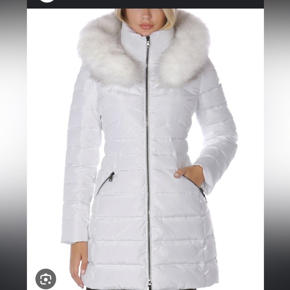 W white Faux-Fur-Trim Hooded Puffer Coat L never worn Laundry brand
